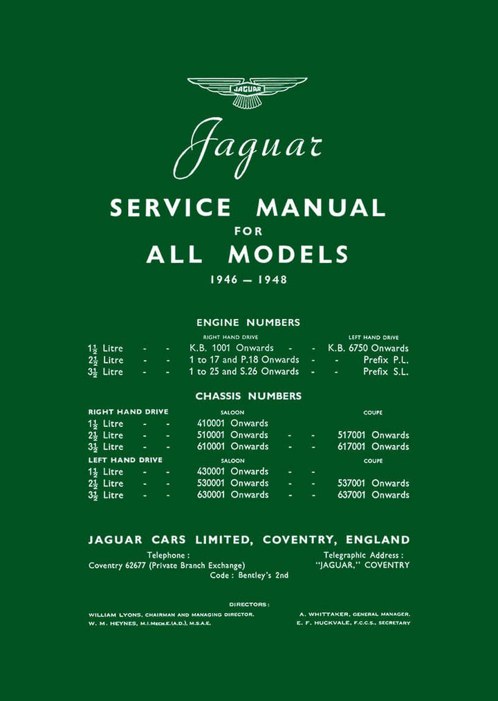 Jaguar Service Manual for Models 1946-1948, Buchcover