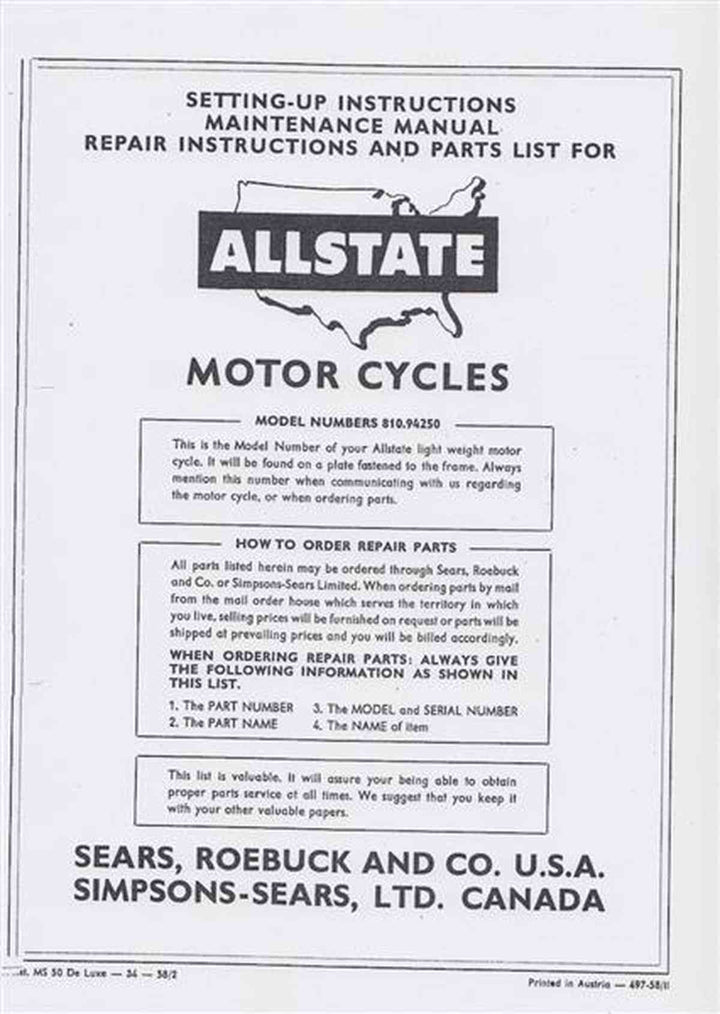 Allstate Sears Light-weight Motorcycle - Maintenance, Repair Instructions and Parts List, Buchcover