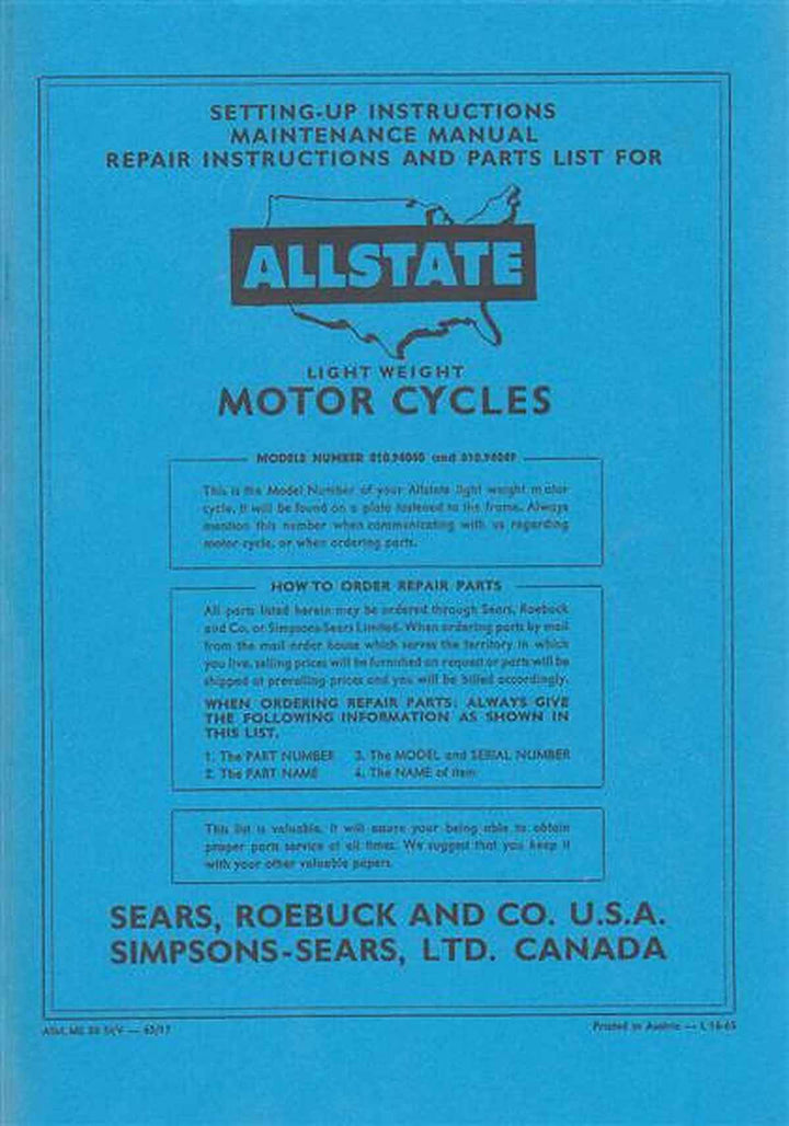 Allstate Sears Light-weight Motorcycle, Maintenance, Repair Instructions and Parts List, Buchcover