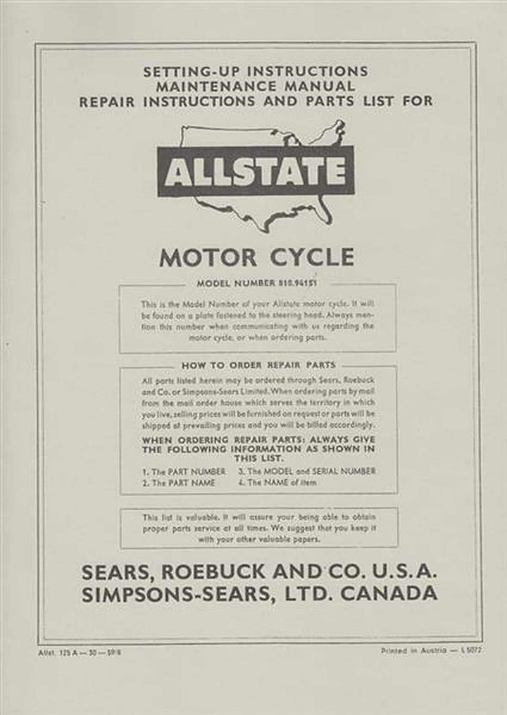 Allstate 125A - Owners Manual, Repair Manual, Spare-parts Catalog, Buchcover