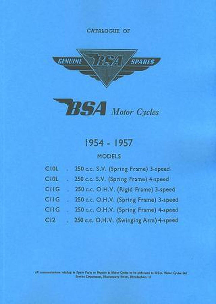 BSA 250 ccm SV und OHV Modelle C 10 L u. C 11 G, C 12 ab 1954 (Rigid u. Spring Frame) Ersatzteilkatalog, Buchcover