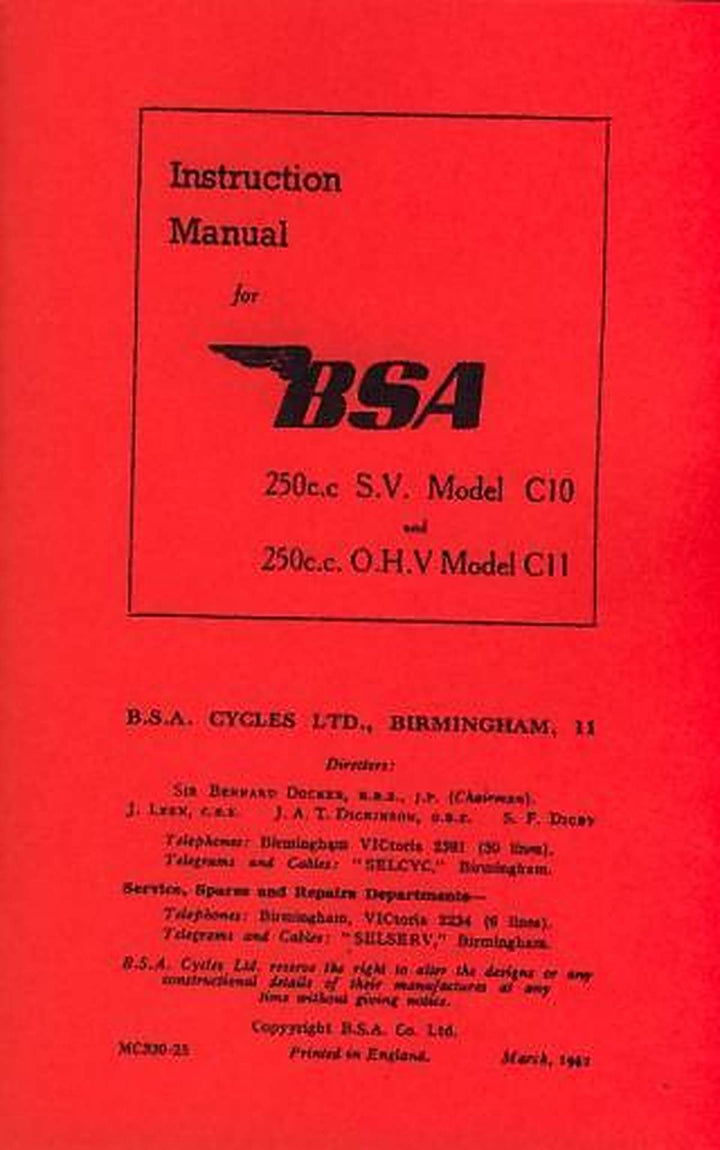 BSA C 10 s.v. und C 11 O.H.V., Ausgabe 3/1952, Betriebsanleitung, Buchcover