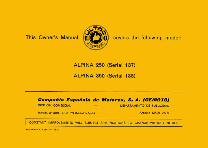 Bultaco Alpina 250 Serie 137/Alpina 350 Serie 138 Betriebsanleitung, Buchcover