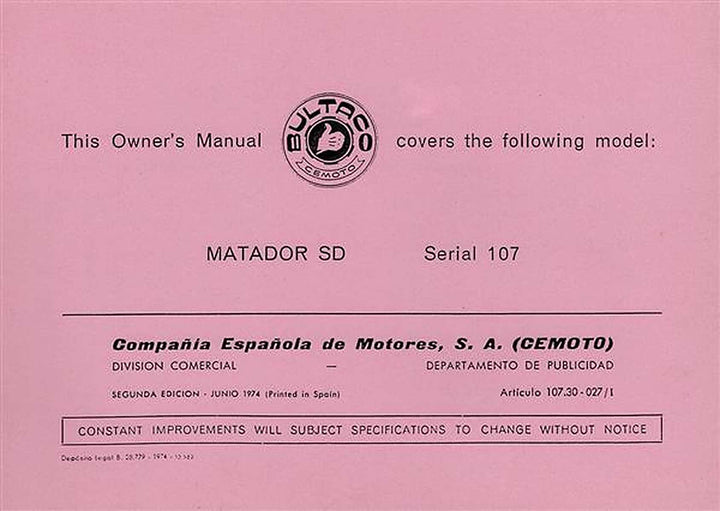Bultaco Matador SD / MK 5 Serie 107 Betriebsanleitung, Buchcover