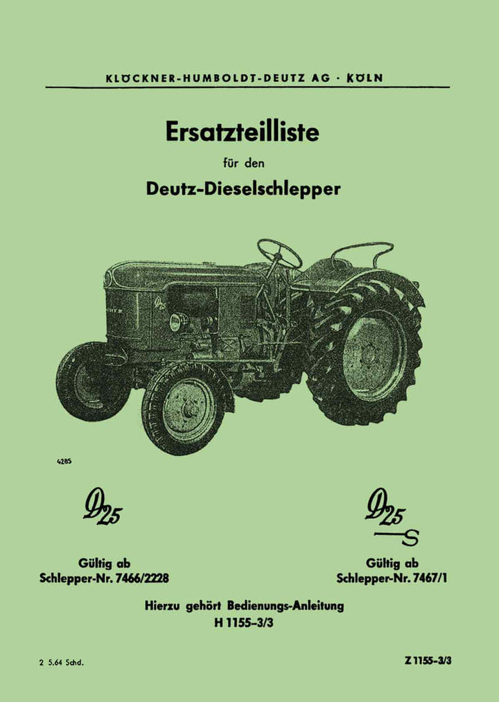 Deutz D25 und D25S Ersatzteilkatalog, Buchcover