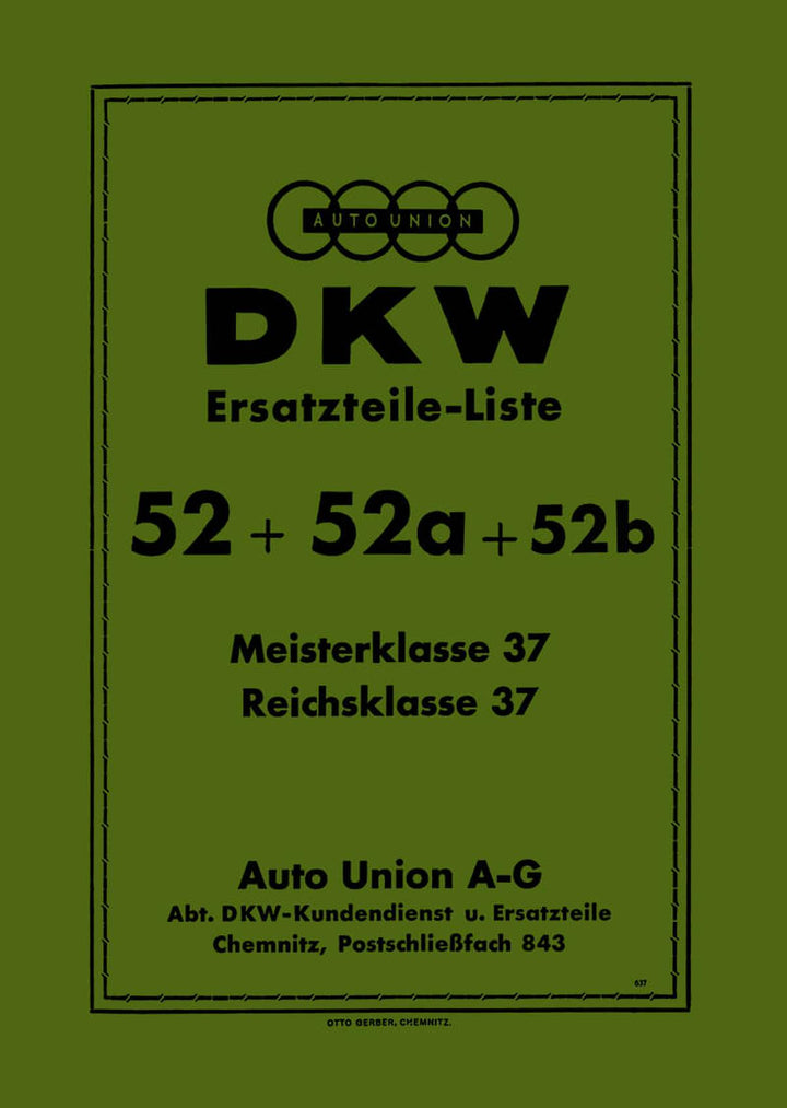 DKW Reichsklasse 37 & Meisterklasse 37 Ersatzteilkatalog, Buchcover
