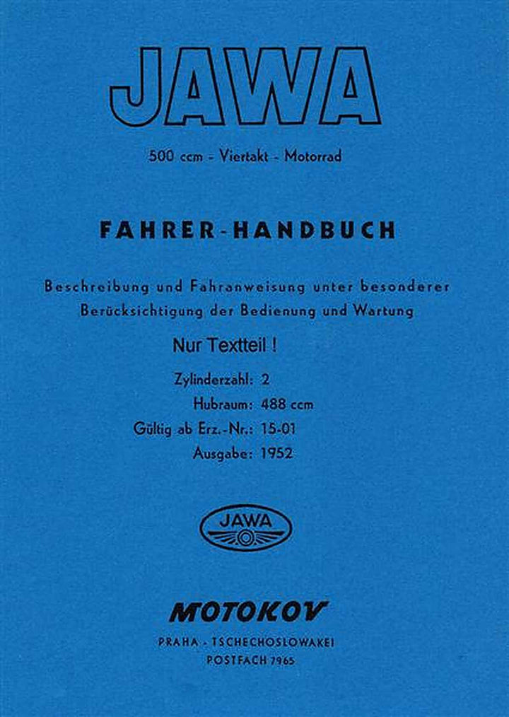 Fahrer Handbuch Jawa 500ccm Viertakt Motorrad, Buchcover