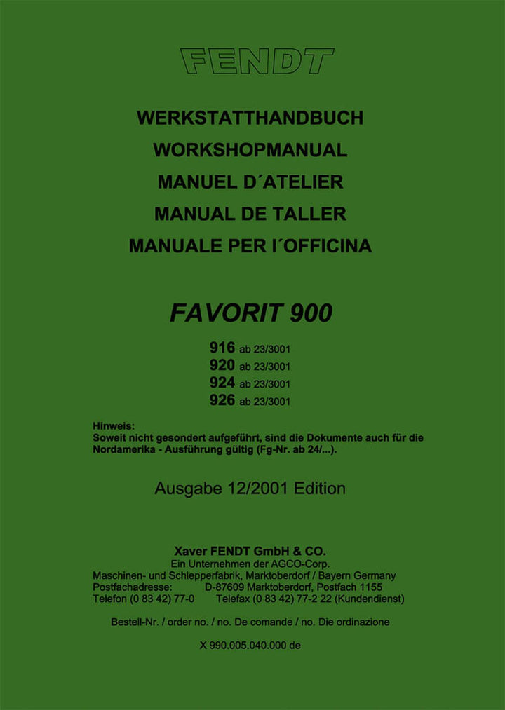Fendt Favorit 900 916 920 924 926 Werkstatthandbuch – Buchcover