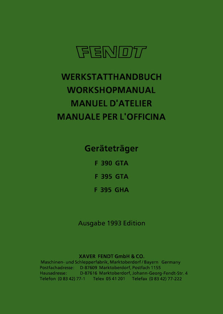 Fendt Geräteträger F390GTA F395GTA F395GHA Werkstatthandbuch, Buchcover