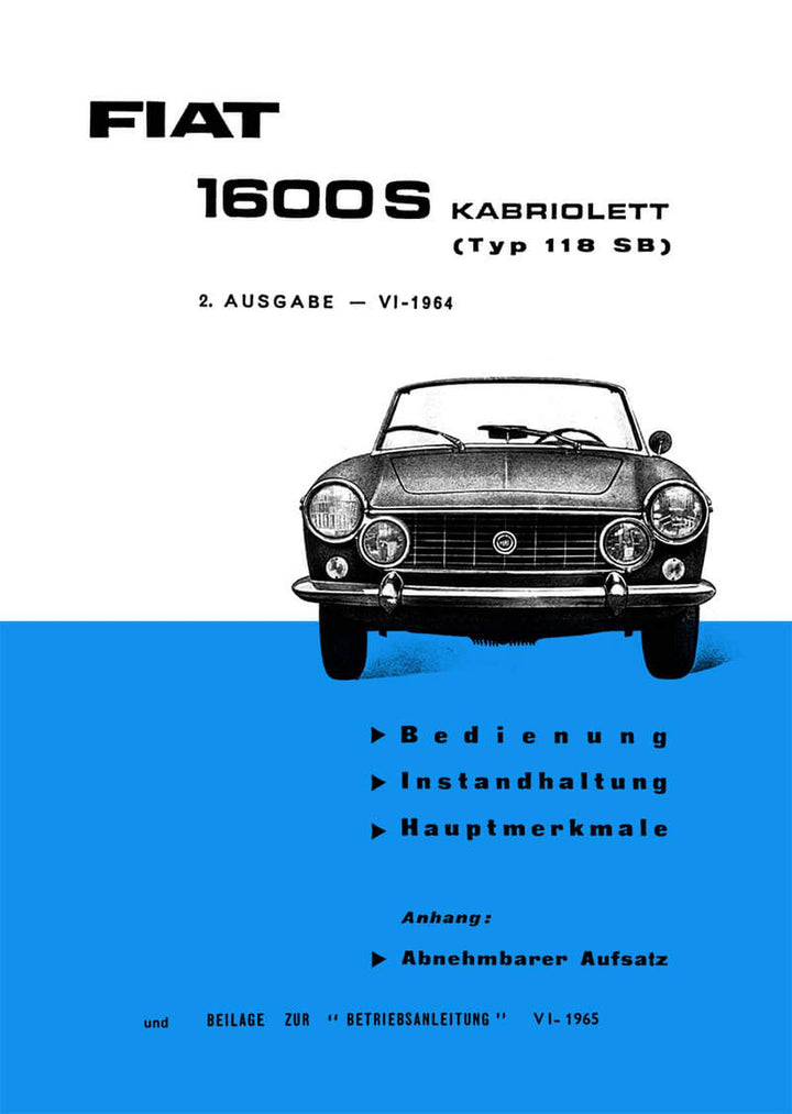 Fiat 1600S Kabriolett Typ 118SB Betriebsanleitung, Buchcover