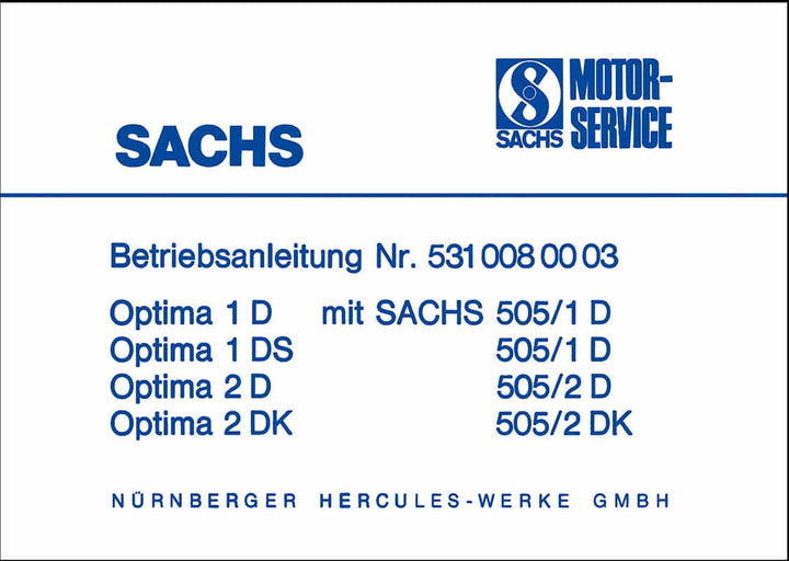 Sachs Hercules Optima 1D, 1DS, 2D, 2DK mit Sachs Motor 505, Betriebsanleitung, Buchcover