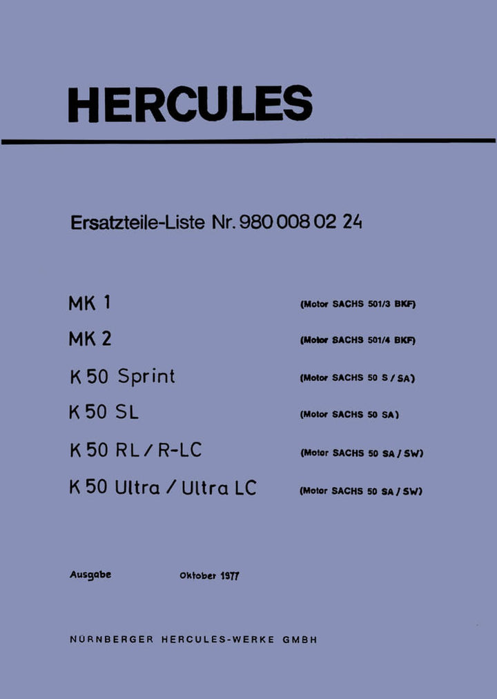 Hercules MK1 MK2 K50 mit Sachs Motoren Ersatzteilliste, Buchcover