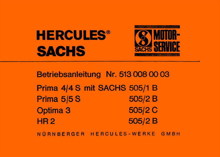 Hercules Prima 4/4S 5/5S Optima 3 HR/3 mit Sachs Motor 505/1-2 B und C Betriebsanleitung, Buchcover