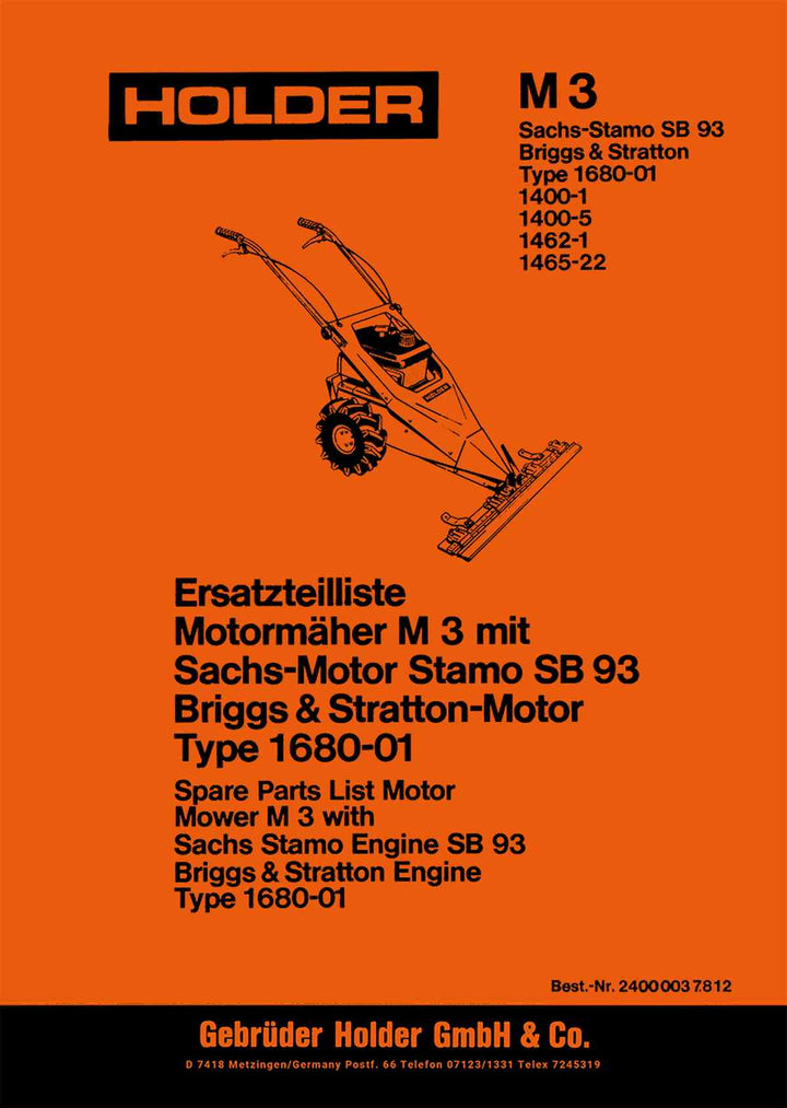 Holder M3 Motormäher 14001, 1400-5, 1462-1, 1465-22 Ersatzteilliste, Buchcover