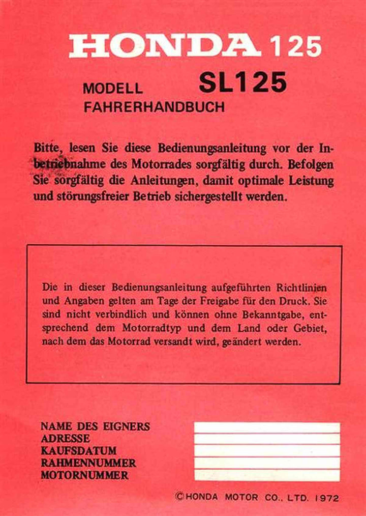 Honda SL125 Fahrerhandbuch, Buchcover