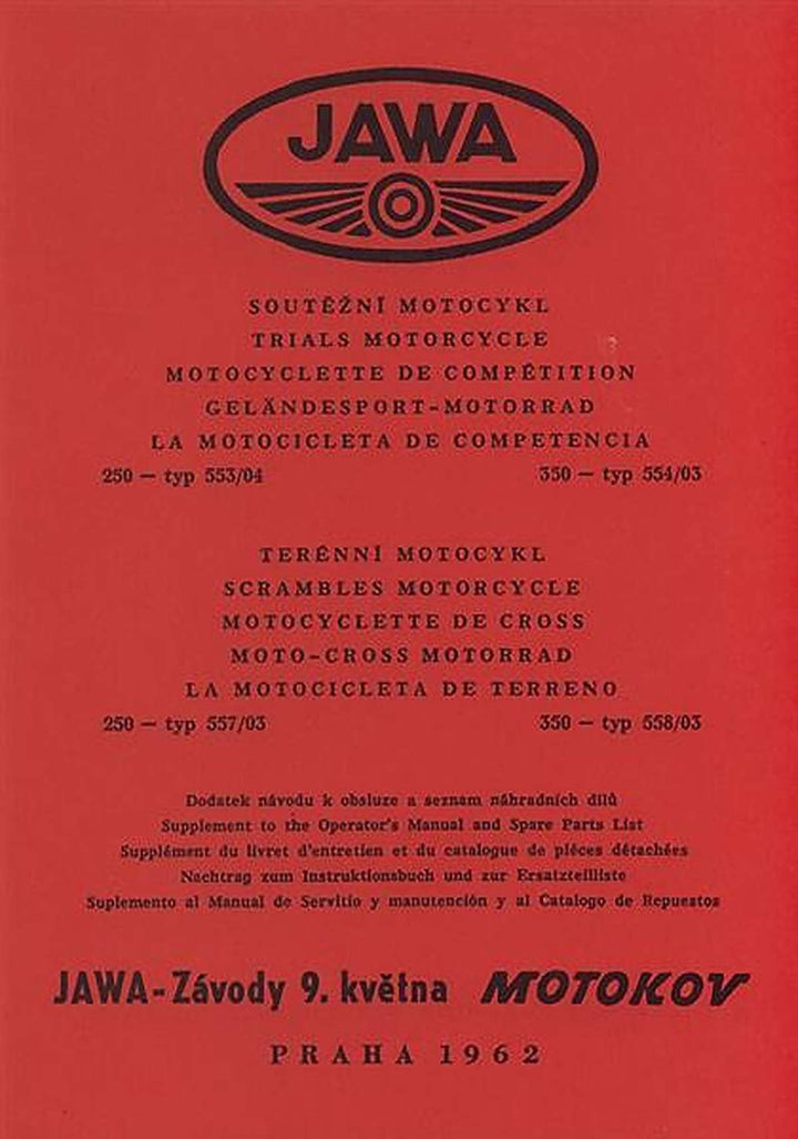 Jawa Geländesport-Motorrad 250 und 350, Typen 553/04, 557/04, 554/03 u. 558/03, Betriebsanleitung und Ersatzteilkatalog, Buchcover