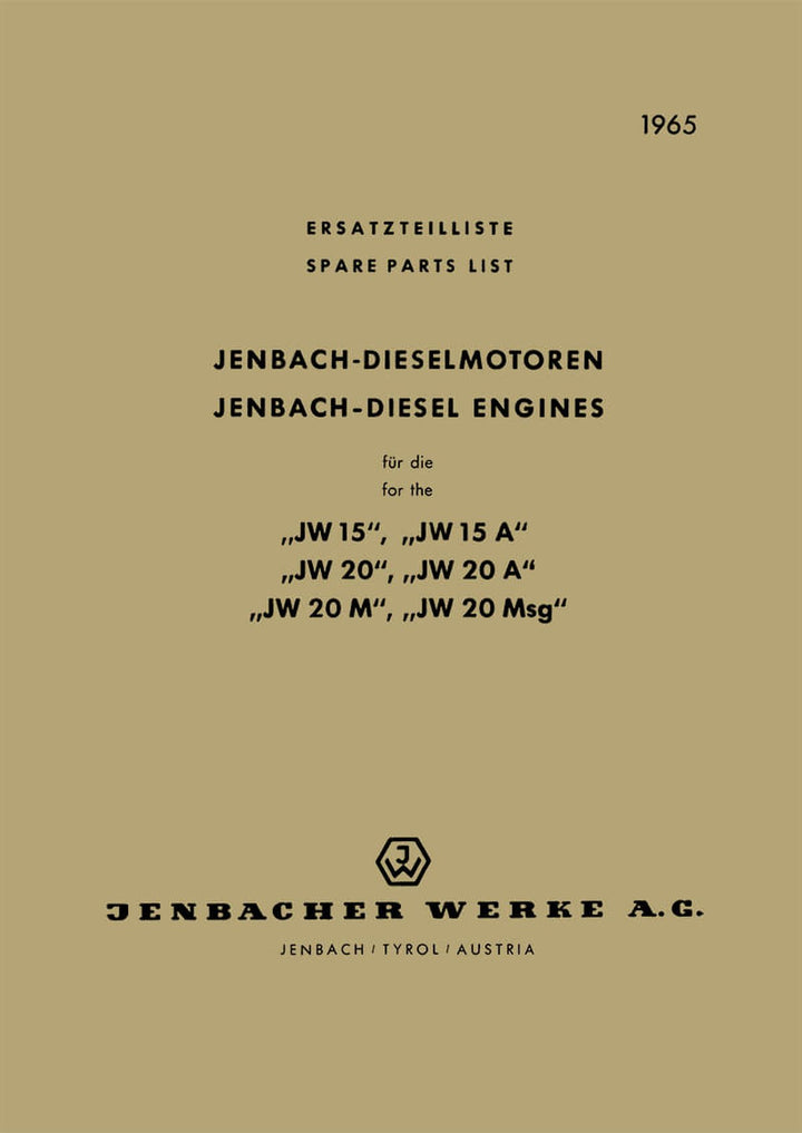 Jenbach Dieselmotoren JW 15, JW 15A, JW 20, JW 20A, JW 20M, JW 20 Msg, Ersatzteilkatalog, Buchcover