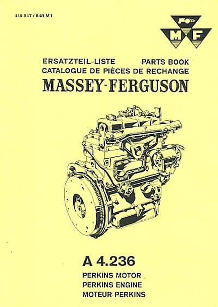 Massey-Ferguson mit 4-Zylinder Perkins Diesel-Motor A 4.236 eingebaut in Mähdrescher MF87 MF99 und MF187 Ersatzteilkatalog, Buchcover
