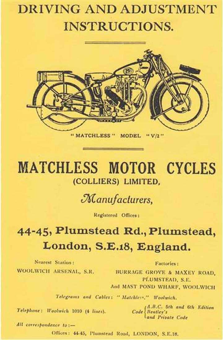 Matchless Modell "V/2", Driving and Adjustment Instructions, Buchcover