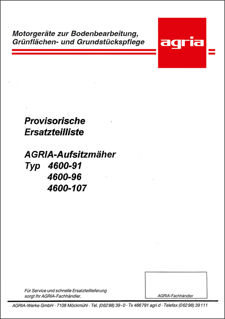 Agria 4600-91 4600-96 4600-107 Ersatzteilkatalog, Buchcover