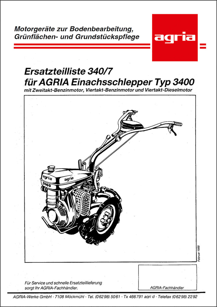Agria 3400 Einachsschlepper Ersatzteilkatalog, Buchcover