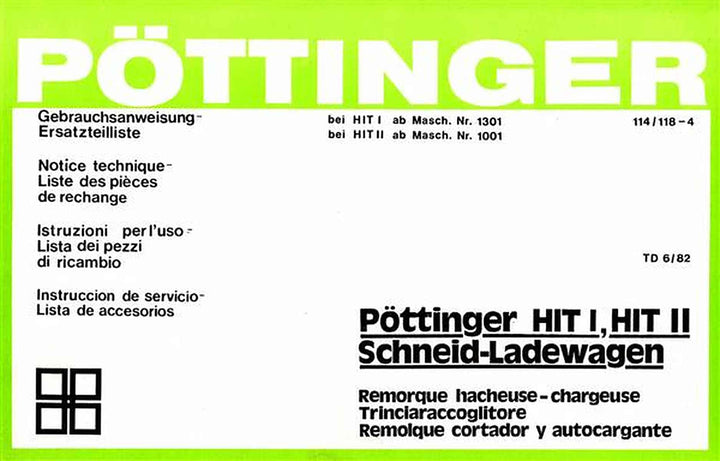 Pöttinger HIT I, HIT II, Schneid-Ladewagen Betriebsanleitung und Ersatzteilliste, Buchcover