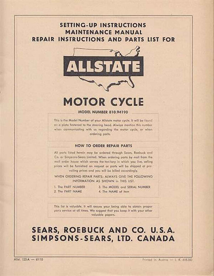 Allstate 125A - Owners Manual, Repair Manual, Spare-parts Catalog, Buchcover