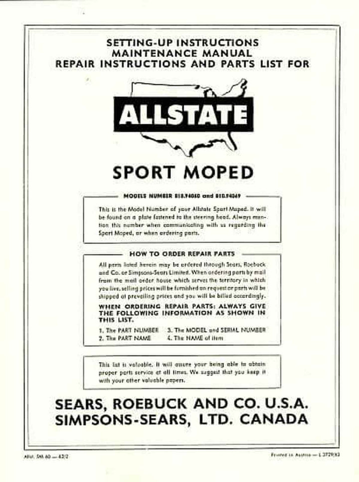 Puch Allstate Moped, Sport Moped (MC 60) SM 60 (USA), models number 810.94060 and 810.94069, Buchcover