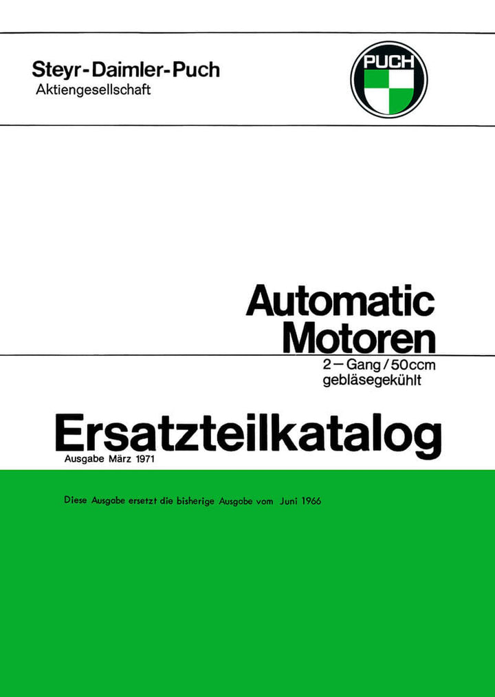 Puch Automatik Motoren, 2-Gang, gebläsegekühlt, Ersatzteilkatalog, Buchcover