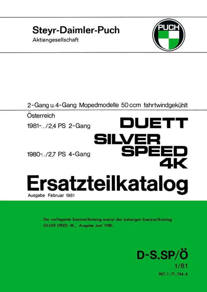 Puch Duett, 2-Gang handgeschaltet, 2,4 PS, Silver Speed 4K, 4-Gang fußgeschaltet, ab 1980, Ersatzteilkatalog, Buchcover