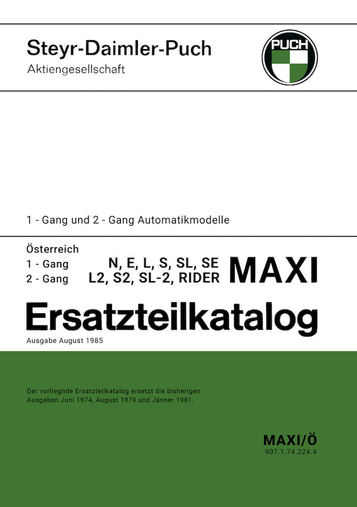 Puch Maxi, 1- und 2-Gang-Automatik, N, E, LS, SL, SE; L 2, S 2, LS-2, SE-2, Rider, Ersatzteilkatalog, Buchcover