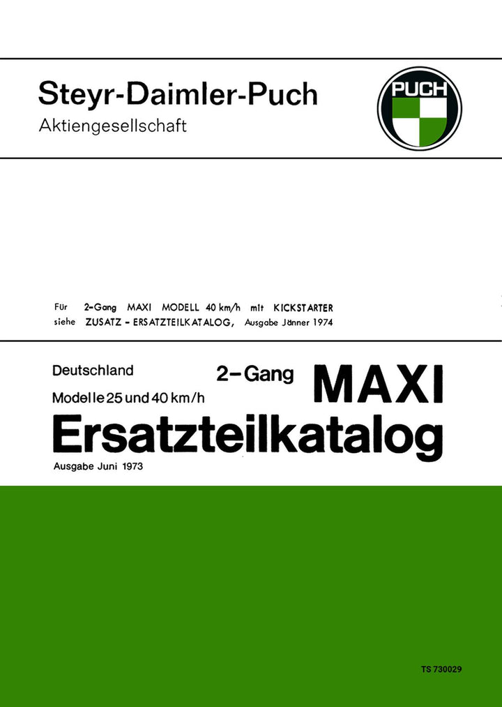 Puch Maxi 2-Gang handgeschaltet, mit Pedalen oder Kickstarter, Ersatzteilkatalog, Buchcover