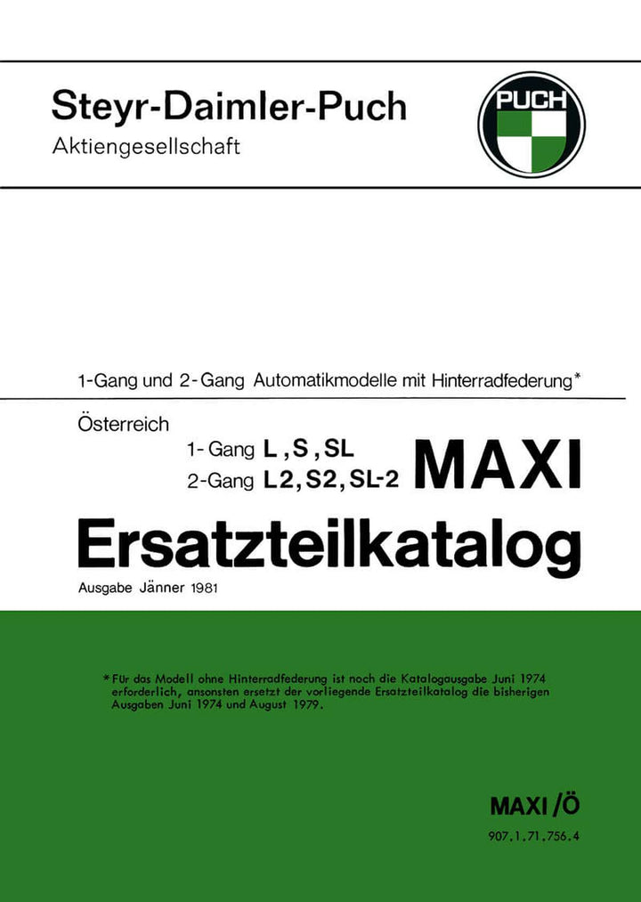 Puch Maxi L, S, SL, 1-Gang-Automatik, L2, S2, SL-2 und 2-Gang-Automatik, Ersatzteilkatalog, Buchcover