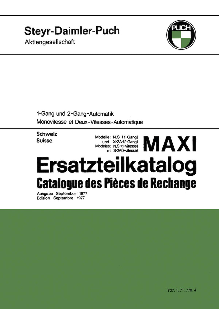 Puch Maxi N, S, S-2A, 1- und 2-Gang-Automatik, Ausführung für die Schweiz, Ersatzteilkatalog, Buchcover