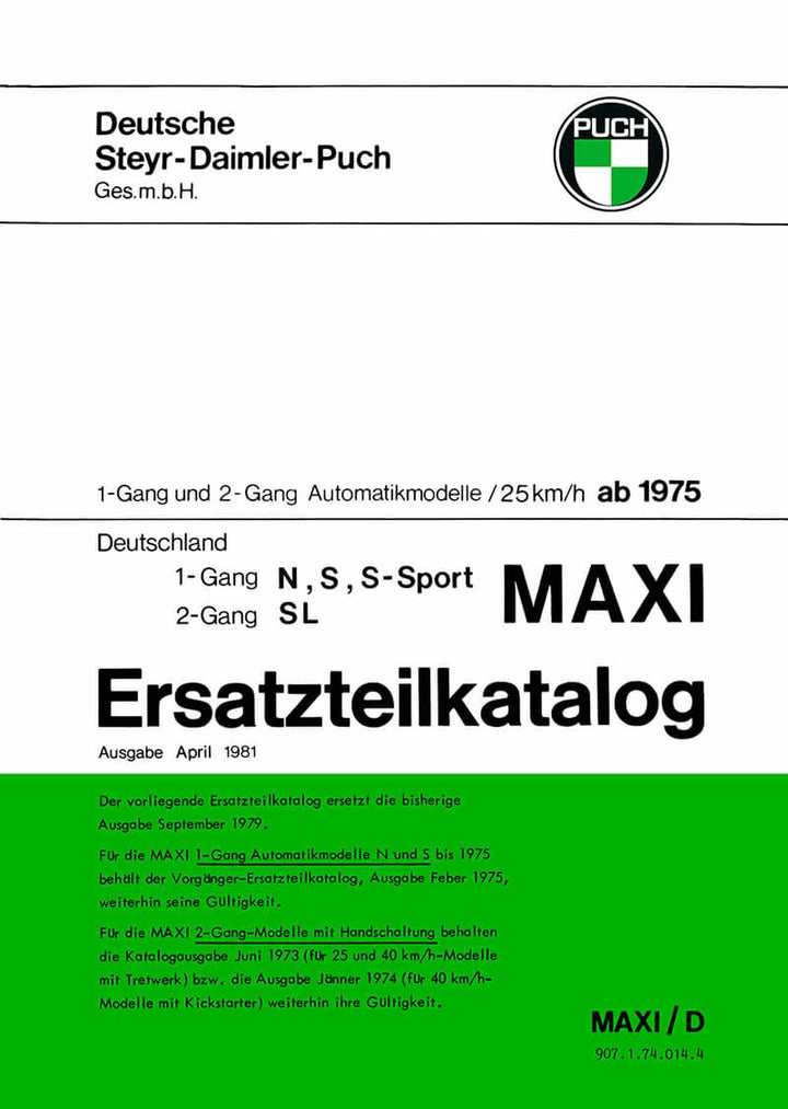 Puch Maxi N, S, S-Sport, SL, 1- und 2-Gang, Ausführung für Deutschland, Ersatzteilkatalog, Buchcover