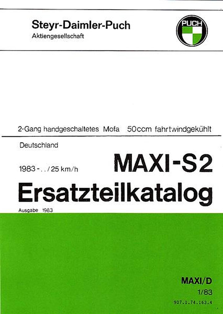 Puch Maxi S-2, 2-Gang handgeschaltet, Ausgabe für Deutschland, Ersatzteilkatalog, Buchcover