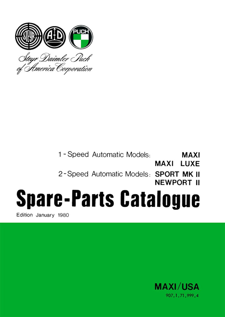 Puch Moped Maxi, Maxi Luxe, 1- speed- automatic (USA) Sport MK II, Newport II, 2-speed-automatic, spare-parts-catalogue, Buchcover