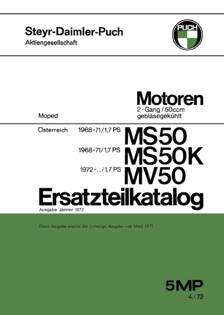 Puch MS 50, MS 50 K und MV 50 (Motoren) 2-Gang, gebläsegekühlt, ab Baujahr 1968, Ersatzteilkatalog, Buchcover