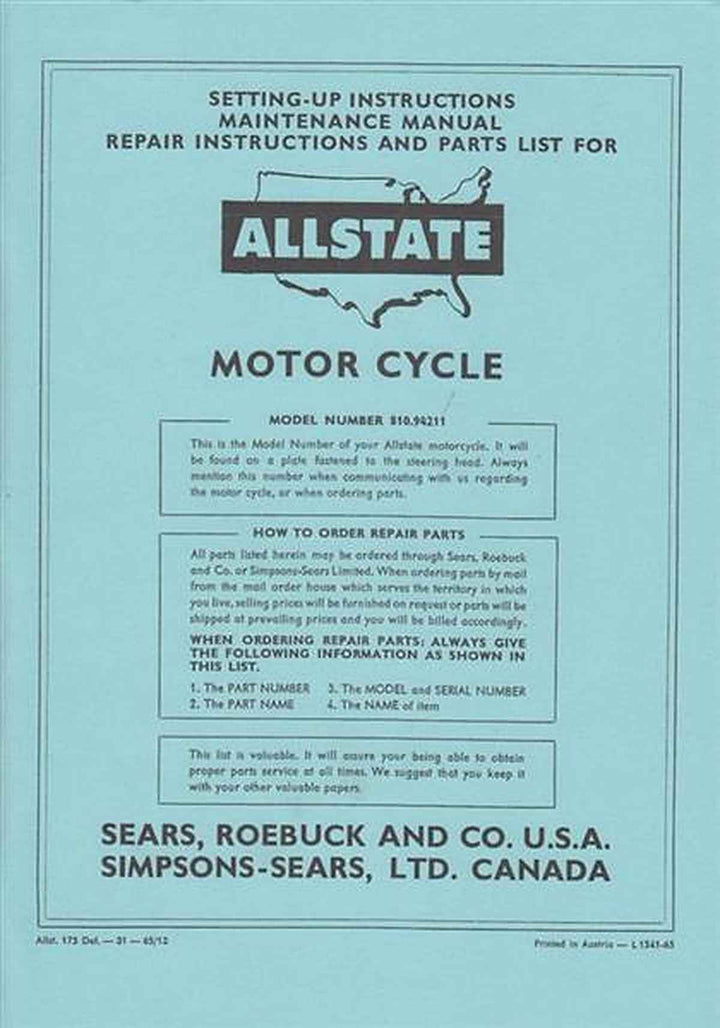 Allstate 175 De Luxe - Owners Manual, Repair Manual, Spare-parts Catalog, Buchcover