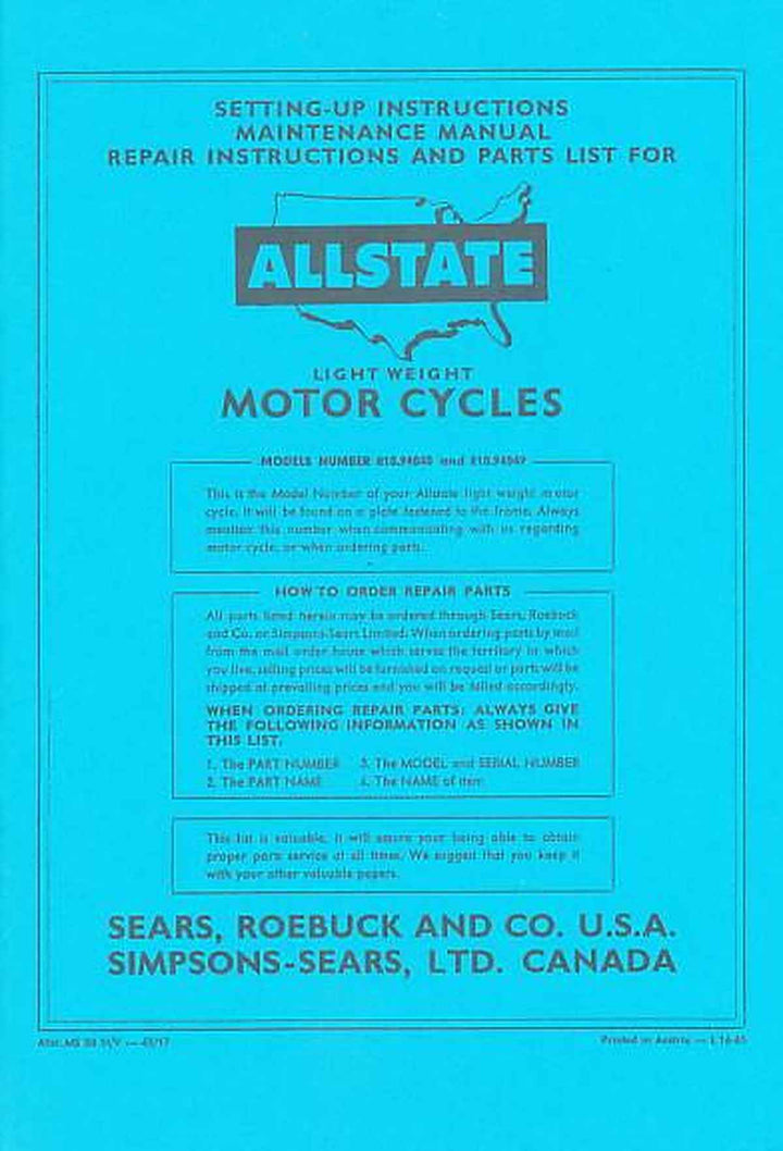 Allstate Sears Light-weight Motorcycle - Maintenance, Repair Instructions and Parts List, Buchcover