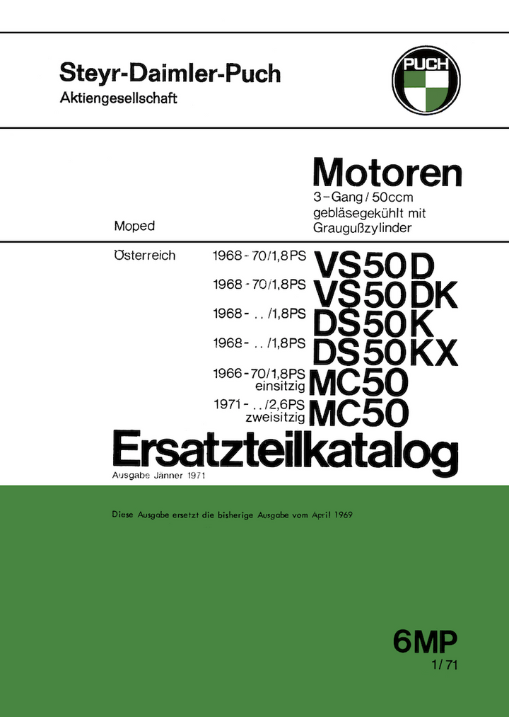 Puch VS50D VS50DK DS50K DS50KX MC50 Motor Ersatzteilkatalog - gedrucktes Buch zum Bestpreis! - verwuester.net