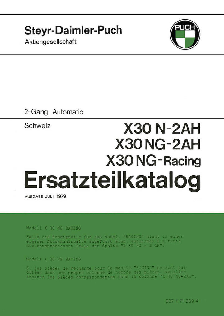 Puch X 30 N-2AH, NG-2AH, NG-Racing, Ausführung für die Schweiz, Ersatzteilkatalog, Buchcover