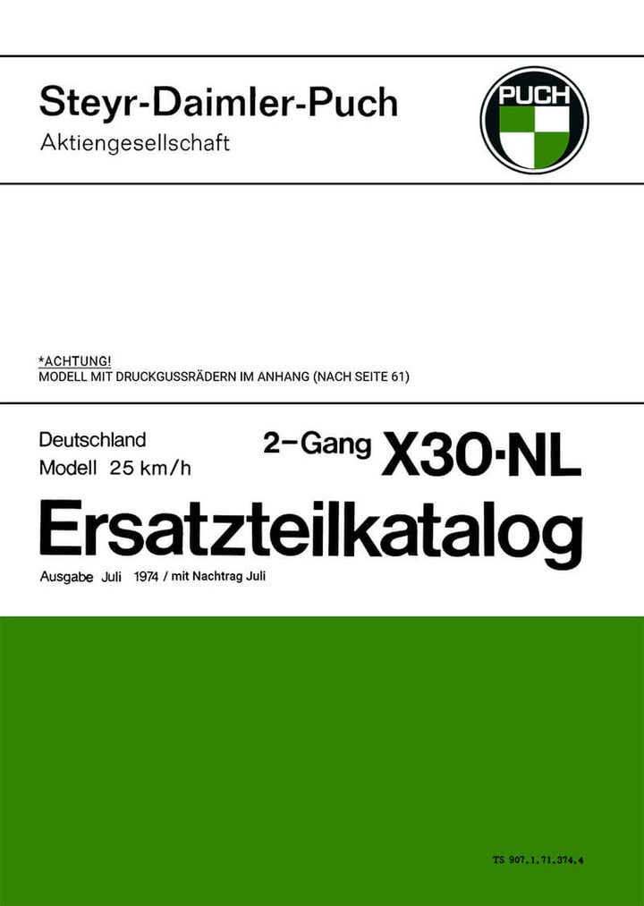 Puch X 30-NL, 2-Gang handgeschaltet, 25 km/h, mit Druckgußrädern, Deutschland, ab 1974, Ersatzteilkatalog, Buchcover