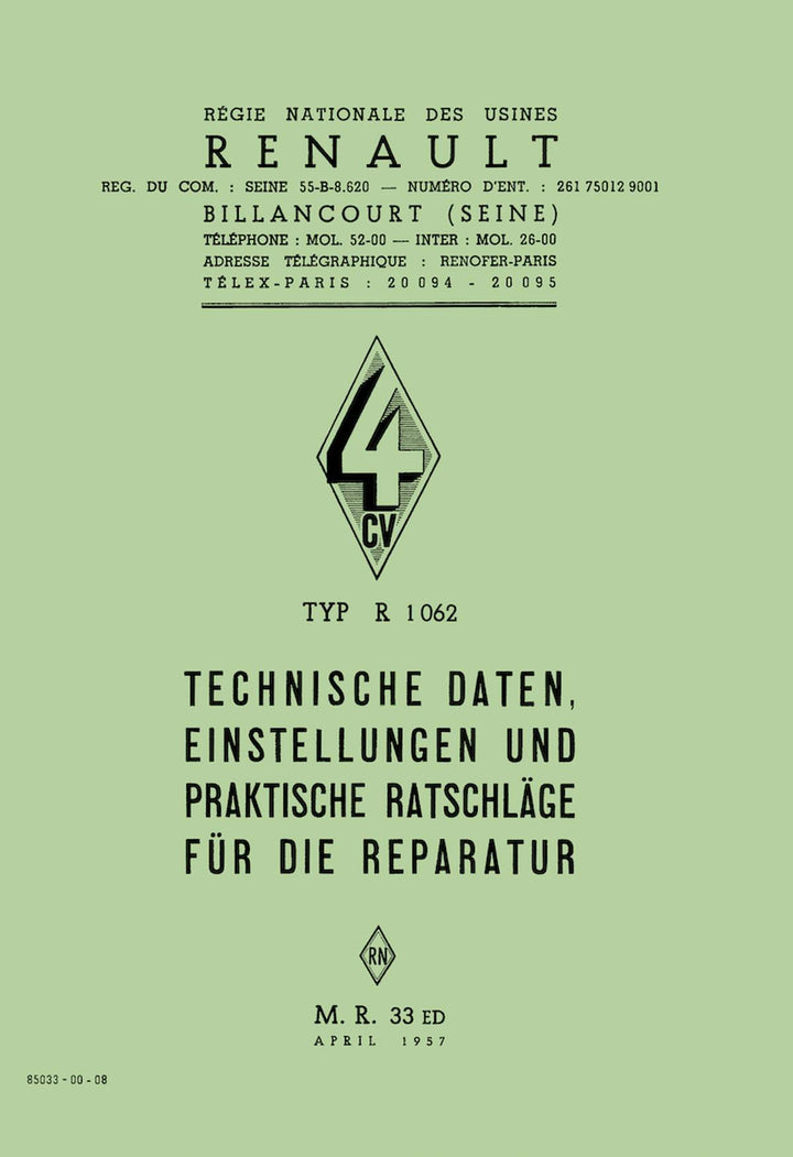 Renault 4 CV, Typ R 1062, Reparaturanleitung, Buchcover