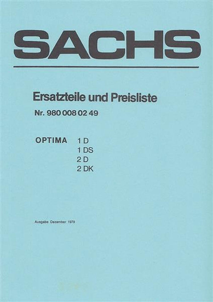 Sachs Optima 1D, DS, 2D, 2DS, Ersatzteilkatalog (ohne Motor), Buchcover