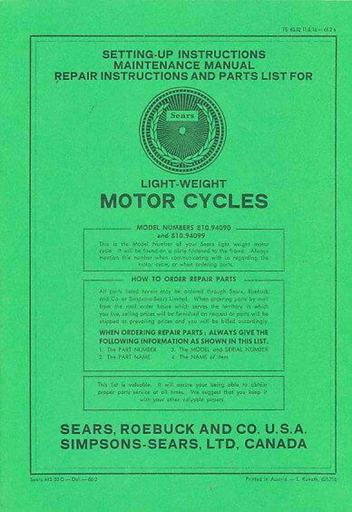 Allstate Sears Light-weight Motorcycle - Maintenance, Repair Instructions and Parts List, Buchcover