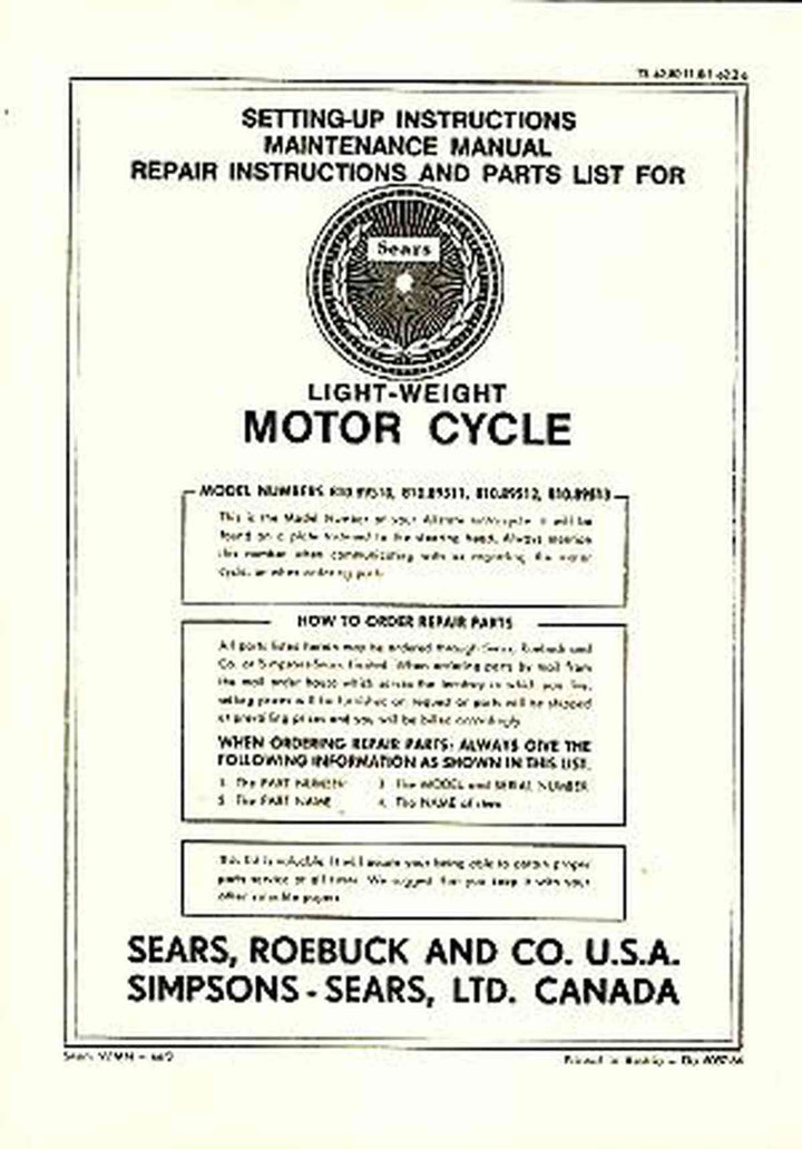 Allstate Sears Light-weight Motorcycle - Maintenance, Repair Instructions and Parts List, Buchcover