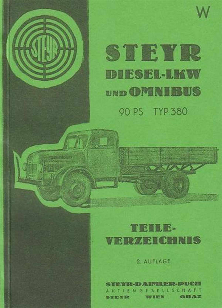Steyr 380 Diesel-LKW und Omnibus, Typ 380 a, b, f, e, g, k, Ersatzteilkatalog, Buchcover