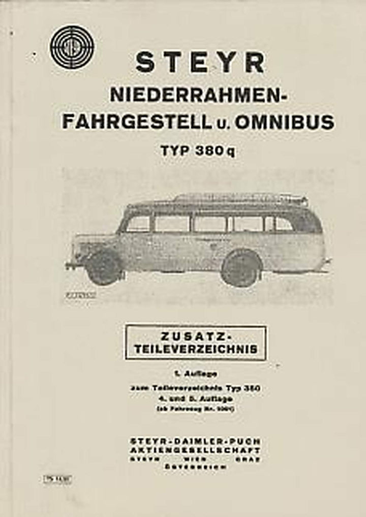 Steyr 380 q Niederrahmenfahrgestell undOmnibus, Zusatz-Ersatzteilkatalog zum Teileverzeichnis Typ 380, Buchcover