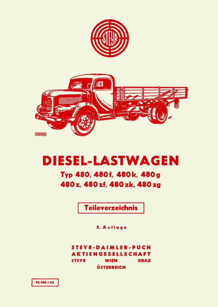 Steyr Diesel-Lastwagen, Typen 480, f, k, g, z, zf, zk, zg, Ersatzteilkatalog, Buchcover